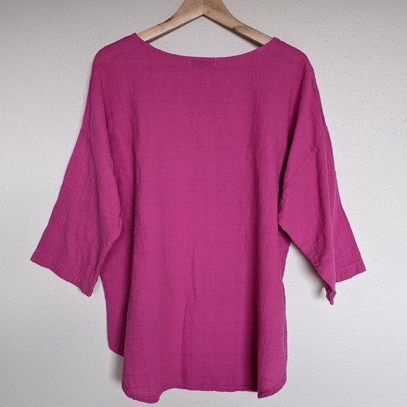 Fuschia EzzEWear Top Blouse 3/4 Sleeve Sz Large Made in Canada cotton barbiecore - Picture 2 of 7